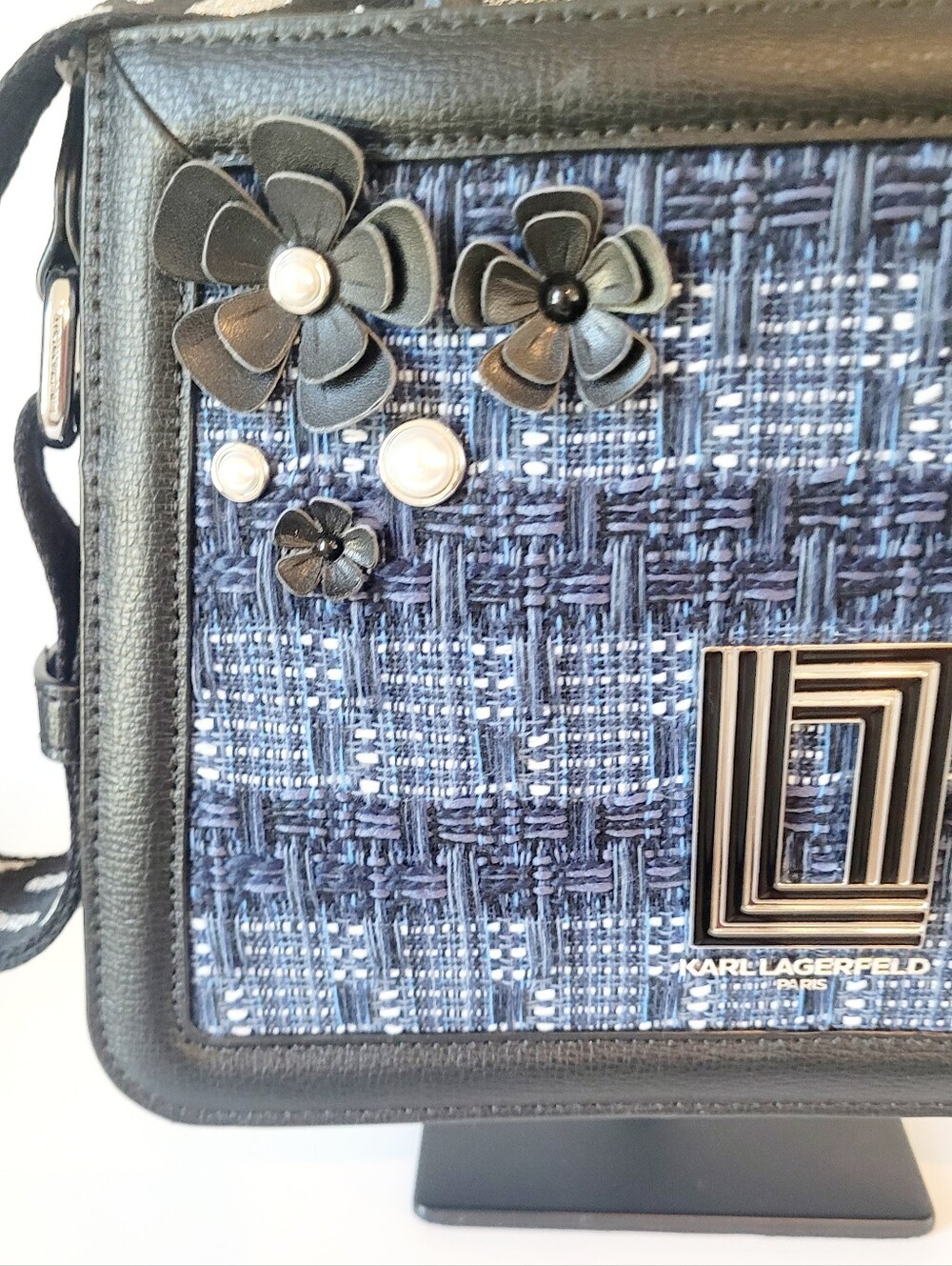 Karl Lagerfeld Navy Tweed with Black Leather Trim and Floral Appliqués - Picture 2 of 6